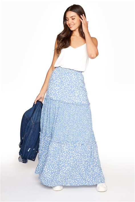 Light Blue Floral Print Tiered Woven Maxi Skirt Long Tall Sally