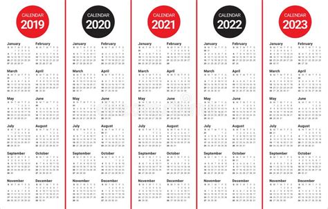 Year 2019 2020 2021 2022 2023 Calendar Vector Design Template Stock
