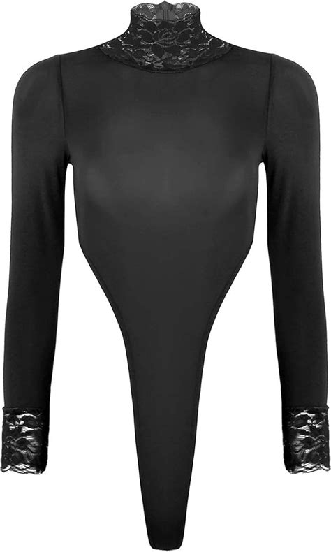 Tiaobug Women Turtleneck Long Sleeve High Cut Bodysuit Jumpsuit Leotard Top Black One Size At