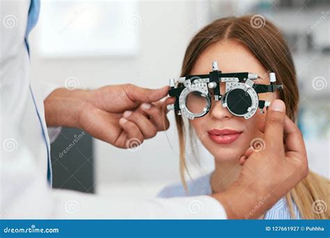 Eye Exam Woman In Glasses Checking Eyesight At Clinic Stock Image Image Of Ophthalmology