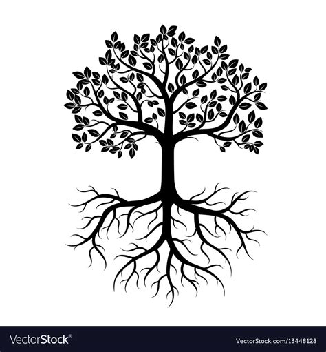 Black Tree With Leafs And Roots Royalty Free Vector Image