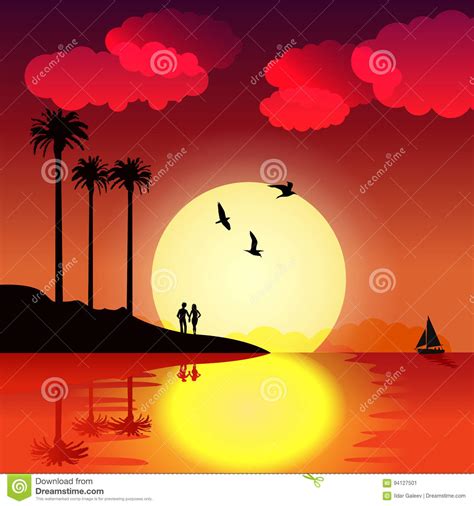 Tropical Sunset With Palm Trees Birds Couple In Love