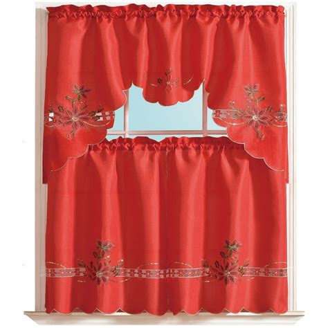 3 Piece Holiday Embroidered Design Christmas Cutout Kitchen Curtain Set