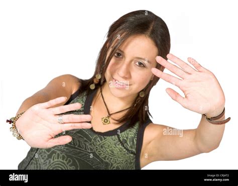 Young Girl Pressing The Palm Of Both Hands Against The Invisible Glass