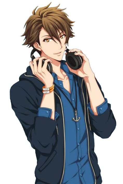 An Anime Character With Brown Hair And Blue Shirt Holding A Cell Phone