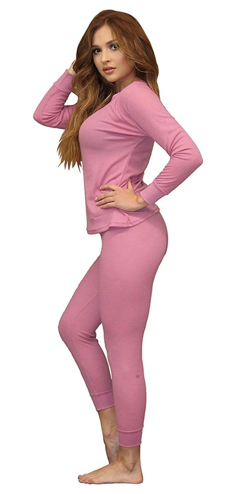 Womens Soft 100 Cotton Waffle Thermal Underwear Long Johns Sets Pink