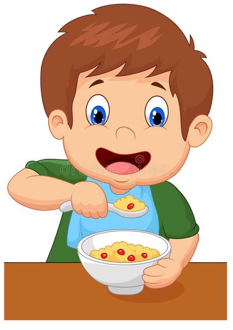 Boy Cartoon Is Having Cereal For Breakfast Stock Vector