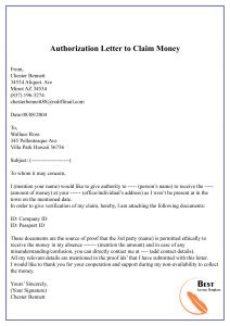 How to write a bank authorization letter with sample authorization if your tenant doesn t pay the electric bill after asklegal my 12 complaint letter to landlord free sample example format Authorization Letter to Claim Money-01 - Best Letter Template