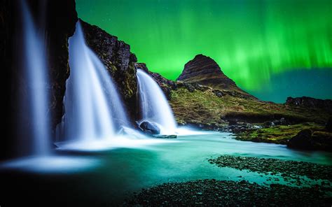 Islande Cascade Rivière Nuit Aurore 4k Hd Aperçu