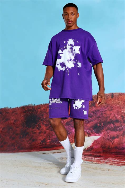 oversized graffiti print t shirt and shorts set boohooman fr mens shorts outfits t shirt