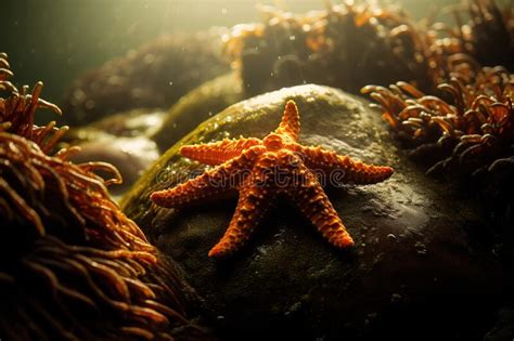 A Starfish Is Sitting On A Rock In The Water Near Some Sea Anemones And