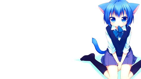 วอลเปเปอร์ ภาพประกอบ Nekomimi สาวอะนิเมะ แมวสาว ผมสีฟ้า ผมสั้น พื้นหลังสีขาว การ์ตูน