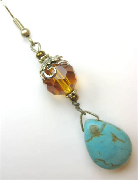 Genuine Turquoise Teardrops And Dark Amber Crystal Antique Gold