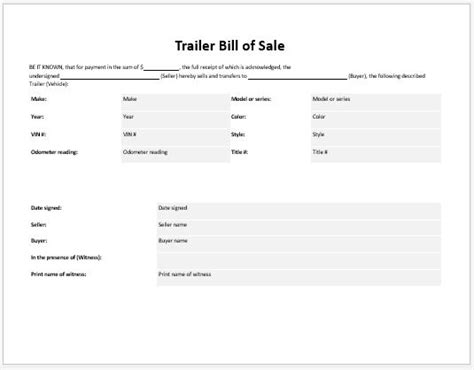 Trailer Bill Of Sale Templates For Ms Word Download Files