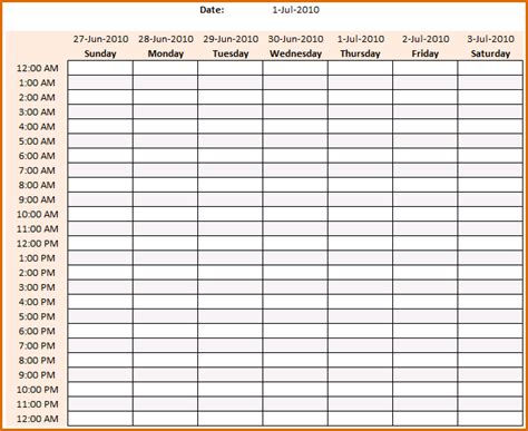 Weekly Schedule Template Hourly
