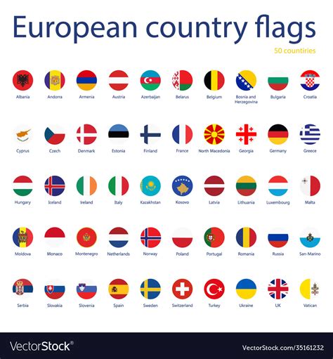 Set European Country Flags With Names 50 Vector Image