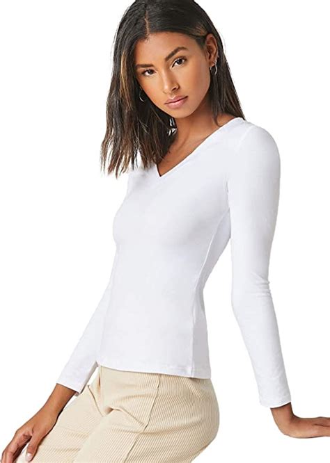 Floerns Women S Basic V Neck Long Sleeve Tee Tops Slim Fit Solid T Shirts White XS Amazon Co Uk