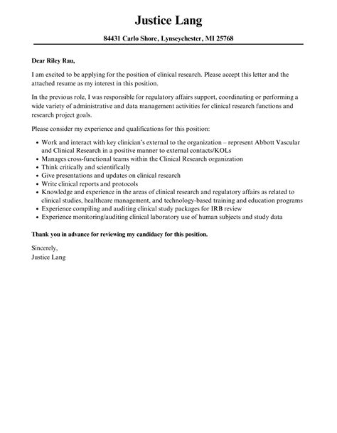 Clinical Research Cover Letter Velvet Jobs