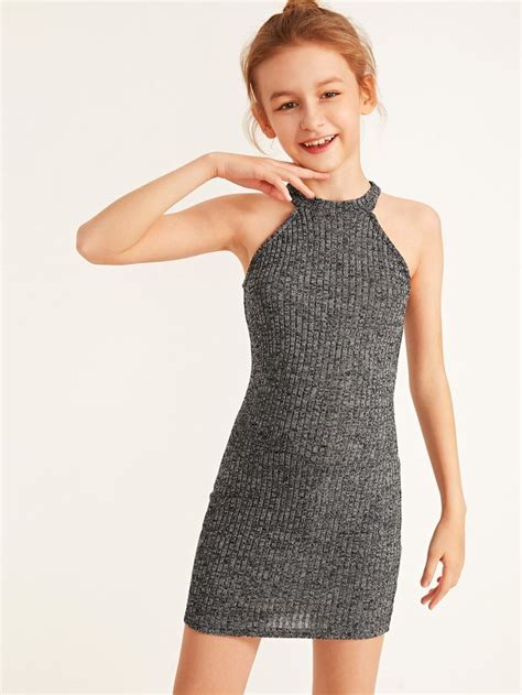 Girls Rib Knit Halter Dress Girls Fashion Tween Kids Dress Wear