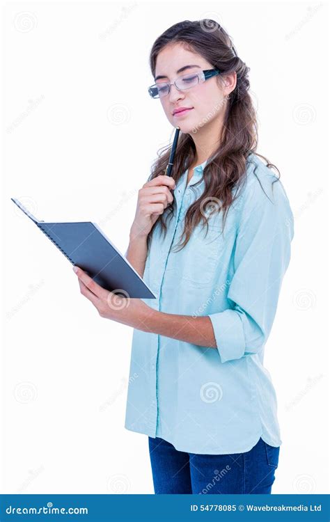 Pretty Geeky Hipster Checking Her Notebook Stock Image Image Of