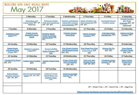 Easy Healthy Quick Monthly Menu Plan
