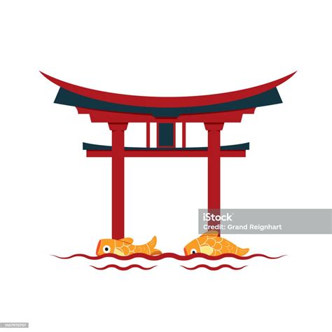 Gerbang Torii Jepang Dengan Ikan Koi Koinobori Simbol Jepang Agama Shintoisme Lengkungan Tori