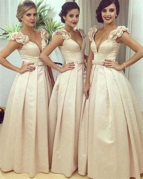 Long Champagne V Neck Satin Bridesmaid Dresses With Floral Straps And