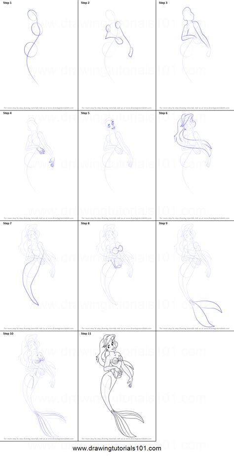 How To Draw Princess Ariel From The Little Mermaid Printable Step By