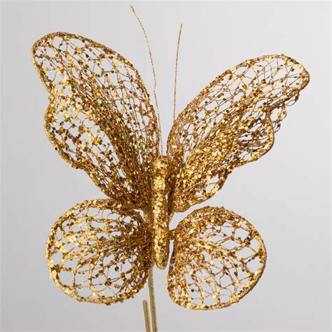 Gold Glittered Artificial Butterfly Stem Birds And Butterflies Basic