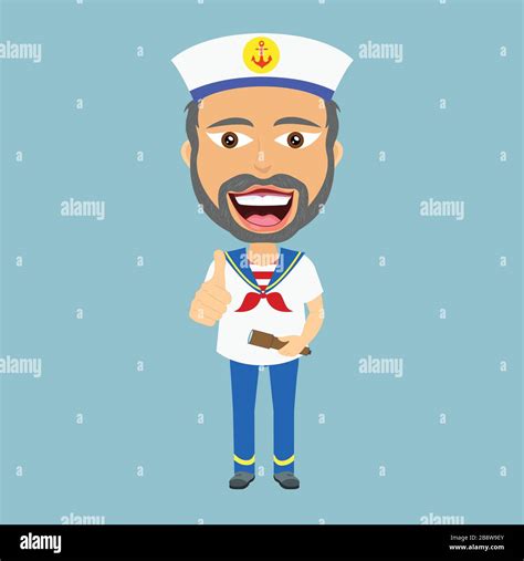 Cute Friendly Sailor Thumbs Up Holding Binoculars With Blue And White