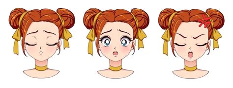 premium vector a set of cute anime girl with different expressions red hair big blue eyes hand