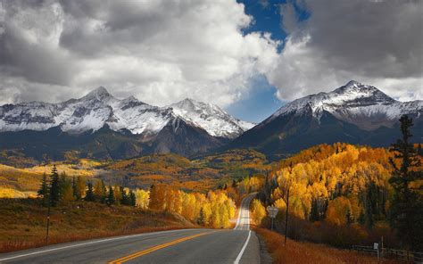 Landscape Nature Mountain Road Forest Fall Snowy Peak Fence Clouds Valley Wallpapers Hd