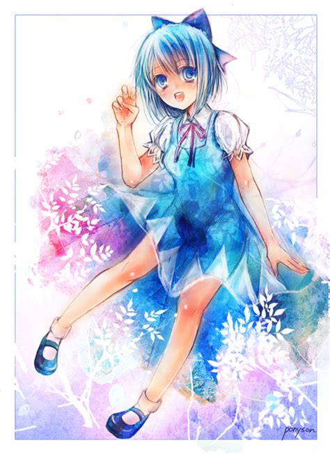 Safebooru D Blue Eyes Blue Hair Bow Cirno Dress Floating Footwear Hair Bow Hands Knees Leaf