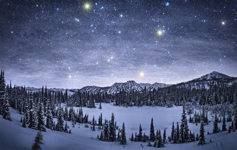 Starry Night Over Winter Landscape Wallpaper And