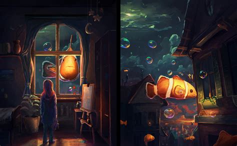 fantasy art artwork clownfish fish window bubbles night sylar wallpapers hd desktop