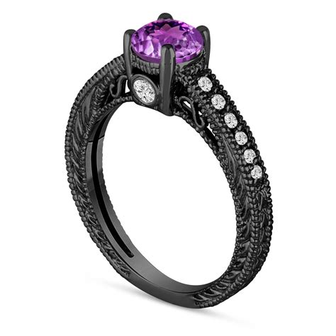 070 Carat Purple Amethyst Engagement Ring Wedding Ring 14k Black Gold