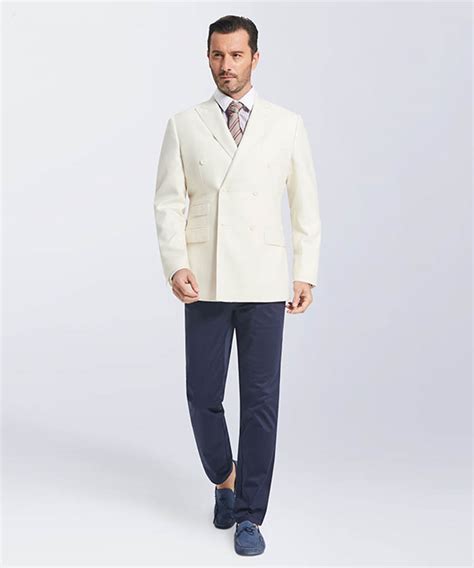 Cream White Pure Wool Double Breasted Business Suit Blazer