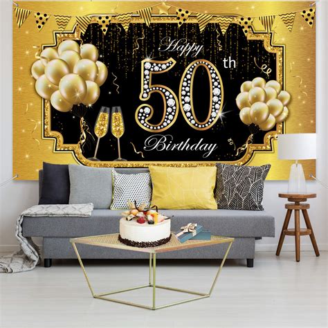 Happy 50th Birthday Backdrop Banner Extra Large Fabric Black Gold 50