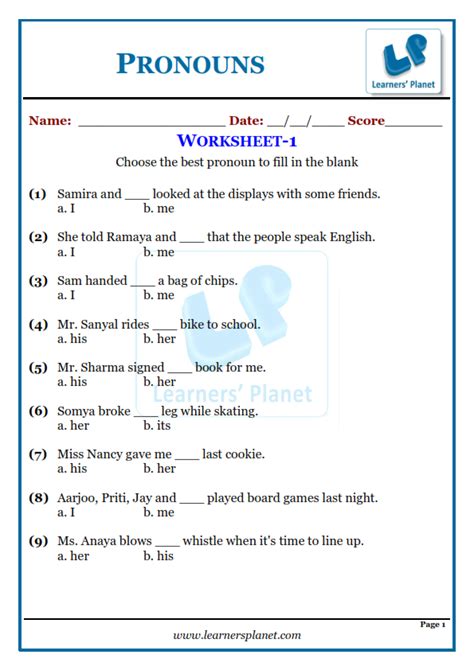 Noun And Pronoun Worksheet For Grade