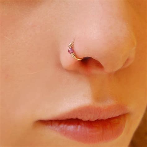 K Solid Gold Nose Ring Small Gemstone Embellished Hoop Etsy