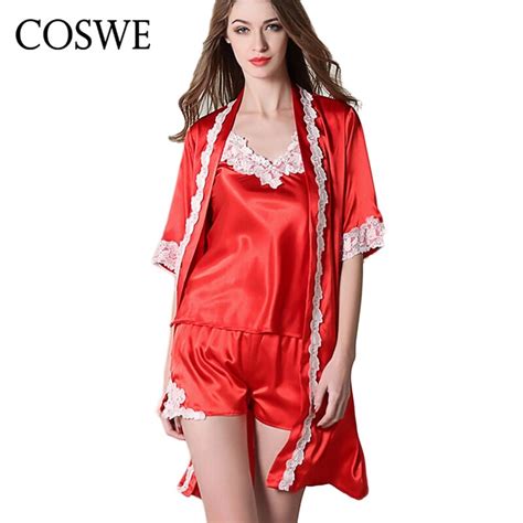 Coswe Xxl Women Silk Robe Sets Womens Pajamas Set Lace Robes Suit Sexy Brand Homewear Plus Size