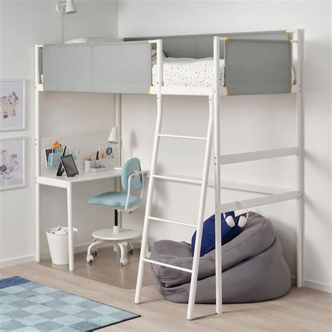Trending bunk bed frame single double triple children metal. VITVAL Loft bed frame with desk top - white/light grey - IKEA
