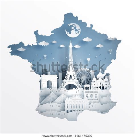 Paris France With Map Concept And France Famous Landmarks In Paper Cut