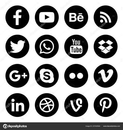 Social Media Icons Set Isolated Black White Buttons Collection ⬇ Vector