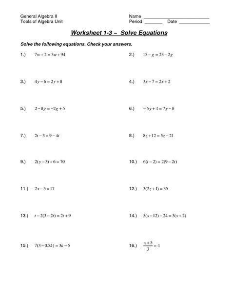 Multi Step Equations Worksheet Algebra 1