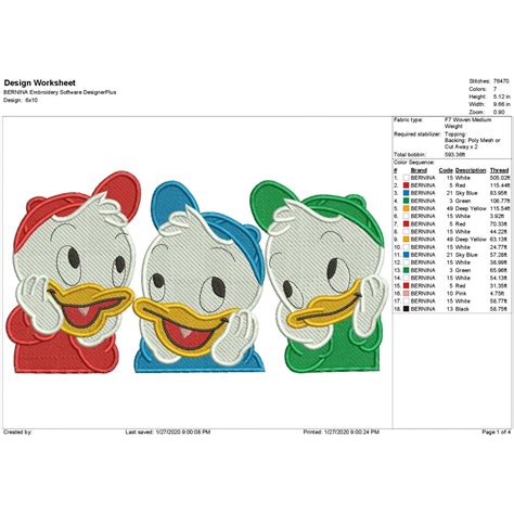 Huey Dewey Louie Disney Ducktales Filled Stitch Embroidery Design