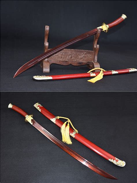 Sharp Damascus Folded Steel Red Blade Full Tang Chinese Sword Qing Dao