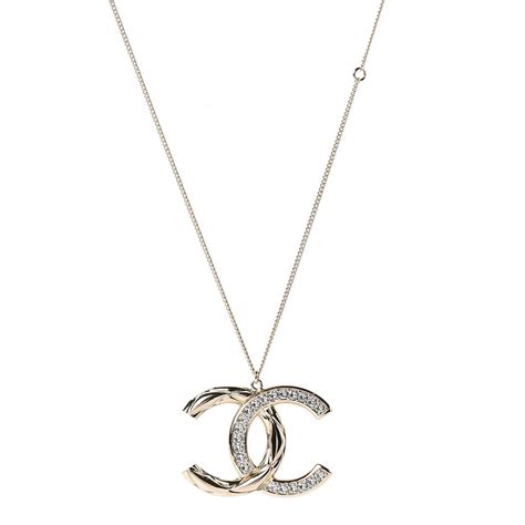 Chanel Crystal Quilted Cc Pendant Necklace Gold 491027