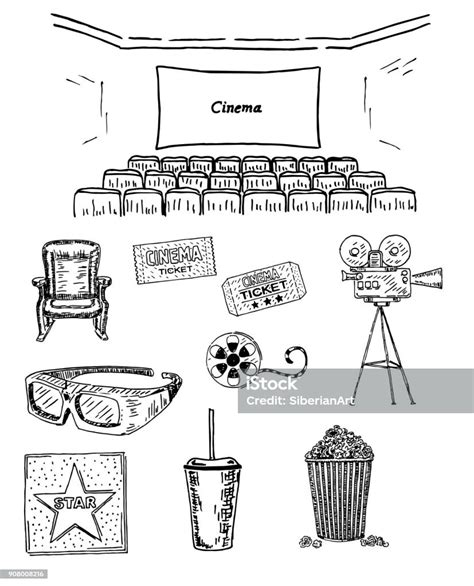 Bioskop Mengatur Ilustrasi Tinta Vektor Yang Digambar Dengan Tangan