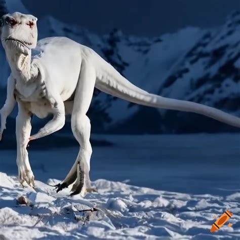 White Indoraptor In Front Of A Snowy Mountain On Craiyon